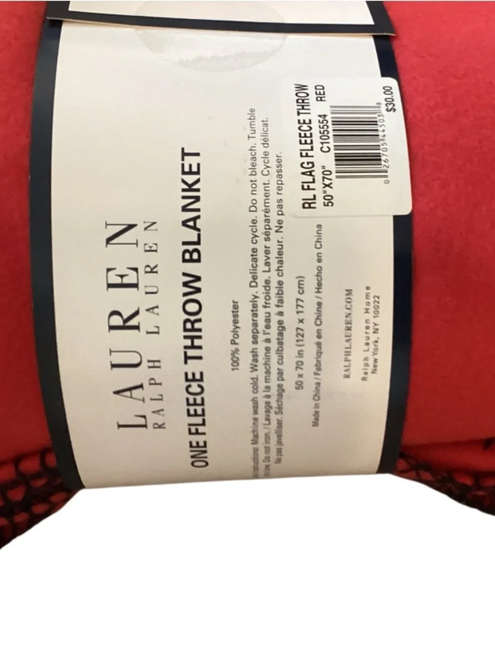 Ralph Lauren Red Fleece Throw with Flag Patch 50x70 NWT